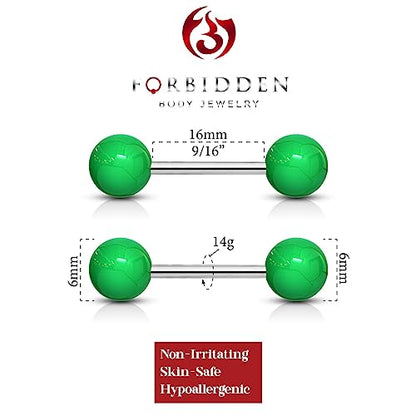 Forbidden Body Jewelry 14 g 16 mm Stainless Steel Nipple or Tongue Ring Barbell Set with Acrylic Balls (Choose Color) - style: Green