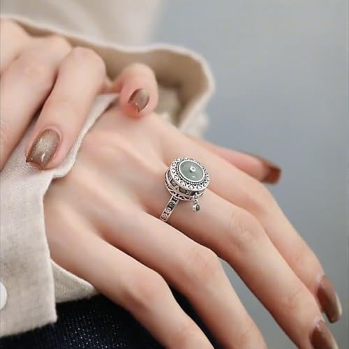 Adjustable Spinner Fidget Ring for Women - Vintage Ping An Buckle Amulet Rotating Ring, Green Jade & CZ Crystal Anxiety Relief Ring, Open Band Stress Relief Protection Jewelry, Unique Boho Gift for Her