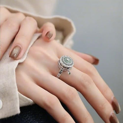Adjustable Spinner Fidget Ring for Women - Vintage Ping An Buckle Amulet Rotating Ring, Green Jade & CZ Crystal Anxiety Relief Ring, Open Band Stress Relief Protection Jewelry, Unique Boho Gift for Her