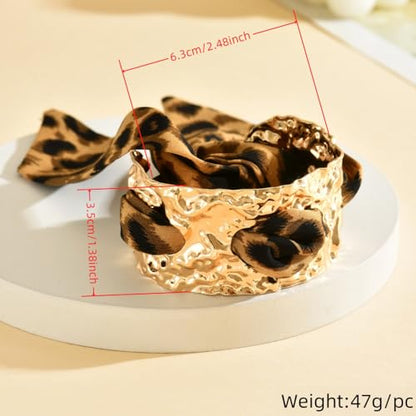 Chunky Gold Hammered Bracelets for Women, Leopard Print Scarf Big Golden Stainless Steel Cuff Bangle Silk Styling Charm Stackable Statement Jewelry Gifts - color: Medium -3.5cm