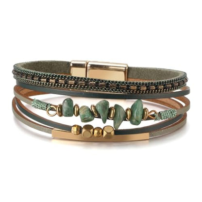 Wrap Bracelets for Women PU Leather Multi-Layer Boho Bracelet with Clasp Handmade Irregular Beads Cuff Bangle Stackable Jewelry Gift - color: Green