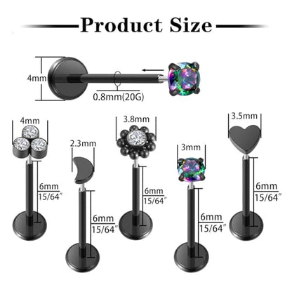 Uni-J 10pcs 20G/18G/16G Threadless Push-in Tragus Conch Cartilage Flat Back Helix Labret Monroe Lip Ring Daith Piercing Jewelry - color: 20G Black 6mm