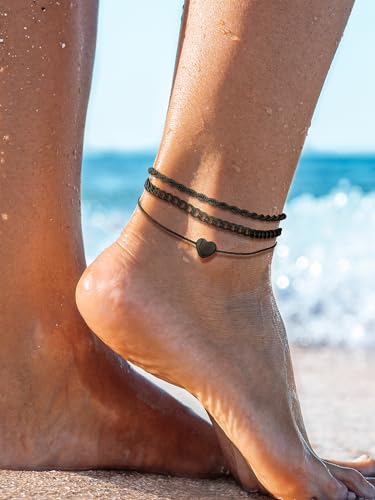 U7 2Pcs/3Pcs Ankle Bracelets for Women, Stainless Steel Cuban Link/Figaro/Rope/Heart Chain Anklets Sets,Waterproof Layered Anklets Adjustable 8.5"-10.5" - color: 04. 3Pcs Style B-Black