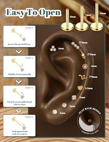 YADOCA Threadless Flat Back Earrings Hypoallergenic Nose Studs Rings for Women 14K Gold Plated 316L Surgical Steel Lip Labret Conch Medusa Cartilage Tragus Nose Piercing Jewelry 20G 18G 16G - color: Gold, size: 18G(1.0MM)