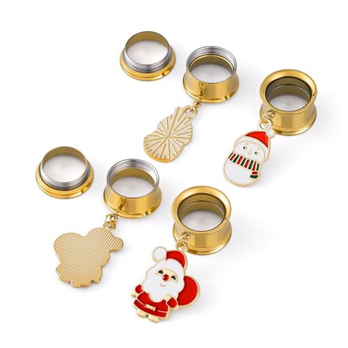 ERKUOO 4PCS Christmas Ear Tunnels Set Stainless Steel Double Flare Gold Tone Plug Gauges with Santa Snowman Reindeer Candy Cane Dangle Charms Holiday Stretching Jewelry Gift for Women Men 6mm-25mm - color: Snowman & Santa Set, size: 18mm
