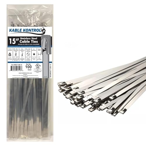 Kable Kontrol Stainless Steel Metal Zip Ties 15 Inch 100 Pcs HD 350Lbs Test | Heavy Duty Steel Cable Ties, Self-locking, Multi-Purpose, Outdoor and Indoor Use, High Temperature, Corrosion Resistant - size: 15" - 350 Lbs - 100 Pcs