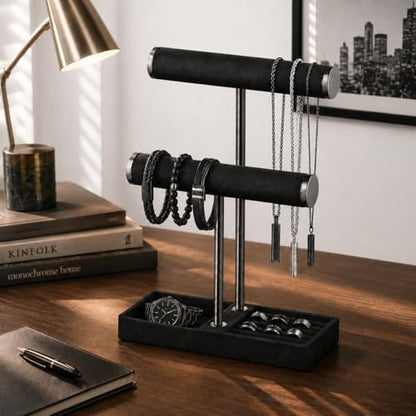 bussdis 2 Tier Bracelet Holder Display, Necklace Holder Organizer, Black | Velvet Necklace Holder | Jewelry Tree | Jewelry Towers | Jewelry Stand Organizer for Necklaces, Bracelets, Earrings, Rings - color: Black