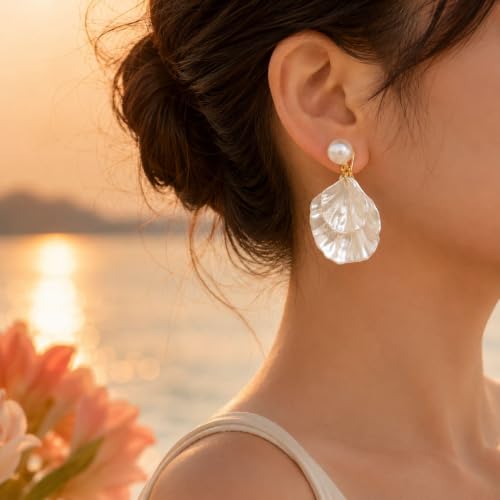Pearl Shell Earrings for Women Clip on Pearl Earrings Summer Beach Jewelry Tropical Vacation Outfits Accessories - color: A1: white shell clip on earrings