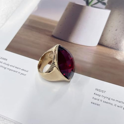 Chunky Square Crystal Glass Stainless Steel Statement Ring for Women Men Gold-Tone Plated Exaggerated Large Geometric Green Cubic Zirconia Finger Band Knuckle Rings Cocktail Prom Fashion Jewelry - color: Red