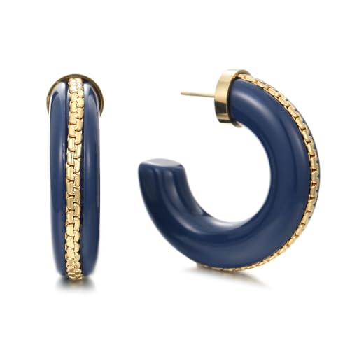 Gold Plated Resin Chunky Hoop Earrings Hypoallergenic Push Back Hoops for Sensitive Ears - color: Deep Blue