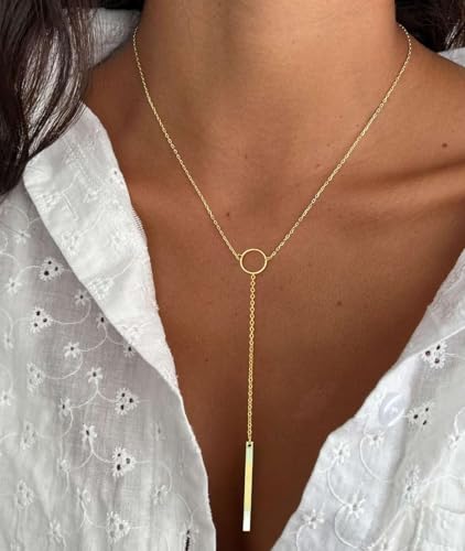 Lariat Gold Necklaces for Women Trendy, Dainty Gold Long Necklace 14k Gold Plated Y-Shaped Layered Necklaces Cz Beaded Bar Pendant Choker Necklace Drop Gold Chain Necklace Gold Jewelry Gift for Women