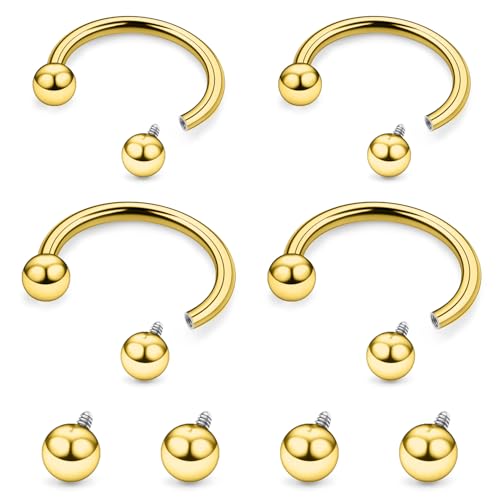 Hoeudjo Internally Threaded Septum Rings 16G Surgical Steel Horseshoe Septum Jewelry Lip Ring 8mm 10mm with Replacement Balls Ball Grabber Tool Smiley Piercing Jewelry for Women Men - color: goldtone