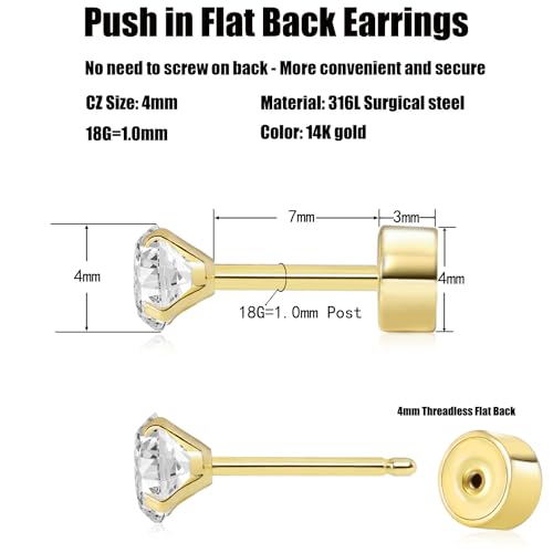 Threadless Flat Back Earrings, Hypoallergenic 14K Real Gold Plated CZ Stud Earrings | Cartilage Earring | Tragus Helix Piercing Jewelry | Push in Flatback Earrings for Women Men - color: 14K Gold, size: 4 Millimeters