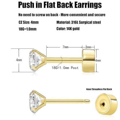 Threadless Flat Back Earrings, Hypoallergenic 14K Real Gold Plated CZ Stud Earrings | Cartilage Earring | Tragus Helix Piercing Jewelry | Push in Flatback Earrings for Women Men - color: Rose Gold, size: 4 Millimeters