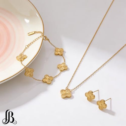 Clover Necklace Pendant Earring Bracelet Set | Designer Necklace Earring Bracelet Jewelry Set | Lovely Gift - color: Gold