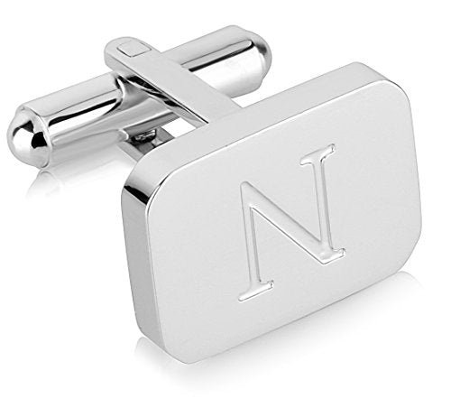 18K White-Gold Plated Initial Engraved Stainless Steel Men’s Cufflinks With Gift Box -Personalized Alphabet Letter’s A-Z By Lux & Pair - style: N- White Gold