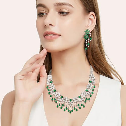 EVER FAITH Bridal Jewelry for Bride Bridesmaid, Elegant Cubic Zirconia Birthstone Cluster Flower Teardrop Wedding Party Necklace Dangle Earrings Sets for Women - color: Green