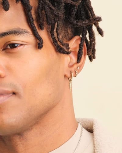 Earrings for Men 14K Gold Plated Hypoallergenic Mens Hoop Earrings | Cubic Zirconia Round/Square Stud with Huggie Hoop Earring Set,Mens Cartilage Studs for Sensitive Ear,Jewelry Gift for Him - color: Gold 3Pairs Earrings Set