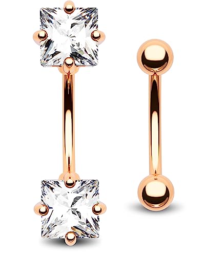 2pcs 16g Small Size Belly Button Rings Pack Surgical Steel Square AAA CZ Curved Barbell Navel Rings New - color: rosegold