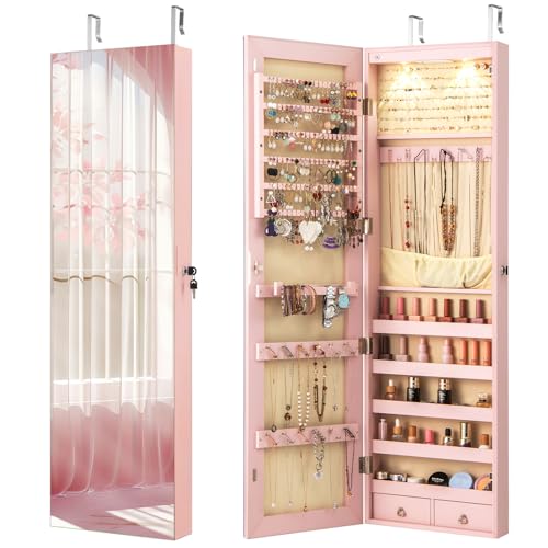 Giantex Wall Door Mounted Jewelry Armoire Cabinet with 47.5" Full Length Mirror, 2 LEDs Lockable Jewelry Organizers and Storage, Over the Door Jewelry Organizer Cabinet with 2 Drawers (Light Pink) - color: Light Pink, size: 47.5'' H