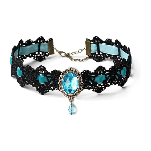 Lace Choker Witch Necklace for Women Halloween Gothic Lace Collar Punk Rhinestone Gothic Necklace Prom Jewelry Halloween Vampire Choker Necklace Costume Emo Witch Accessories - color: Blue