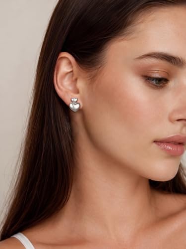 JustBeingCute Heart Stud Earrings 14K Gold Plated 925 Sterling Silver Posts | Dainty Simple Heart Earrings for Women hypoallergenic Chunky Puffy Studs Lightweight with Gift Box（7/10mm） - color: 2-Silver Dangle