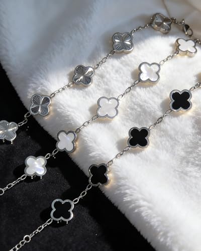 Four Leaf Clover Bracelet 18K Gold Plated Bracelets for Women Lucky Flower Design Stainless Steel Hypoallergenic Link Chain Adjustable Dainty Trendy Jewelry Gifts for Women - color: Silver Black+White