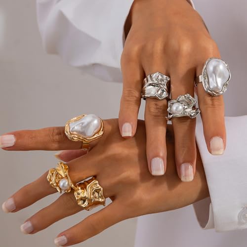 3/6 PCS Silver Chunky Pearl Rings Set for Women Gold Baroque Pearl Flower Open Ring Adjustable Crystal Large Ring Set Personalized Statement Knuckle Rings Fashion Costume Jewelry Accessories - color: silver
