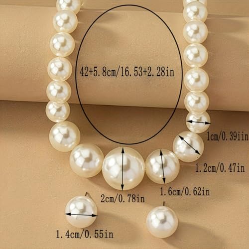 Large Beaded Pearl Necklaces Earrings Set for Women Fashion Prom Party Round Balls Bead Pearls Jewelry Set White Big Chunky Necklace Ball Earring Gift