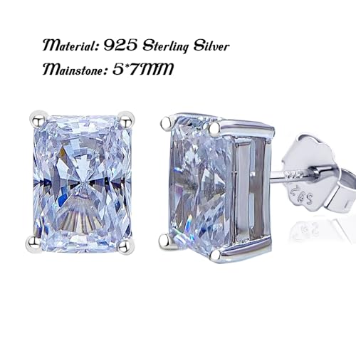 925 Sterling Silver 2-4 Carat Lab Simulation-Diamond Stud Earrings 5A Cubic Zirconia Stud Earrings Hypoallergenic White Gold Plated, Perfect Jewelry Gifts - style: Rectangular 5x7MM