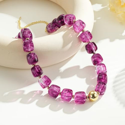 Ritach Chunky Beaded Necklaces for Women - Colorful Large Square Acrylic Beaded Necklace Boho Chunky Necklace Adjustable Statement Choker Necklace for Women Waterproof Summer Beach Jewelry Gifts - color: Purple