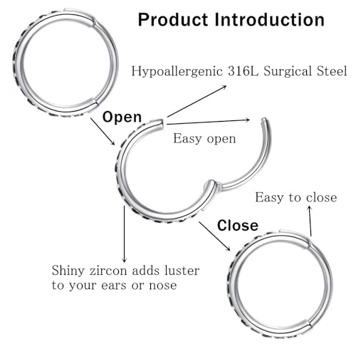 ORANGELOVE 20G 18G 16G Clear CZ Nose Ring Hoop 316L Surgical Steel Seamless Silver Septum Ring Clicker Jewelry Cartilage Earring Ear Piercing Hoop Earrings for Women Men Helix Rook Lobe Conch Tragus Daith Lip Hinged Piercing Jewelry with Cubic Zirconia -