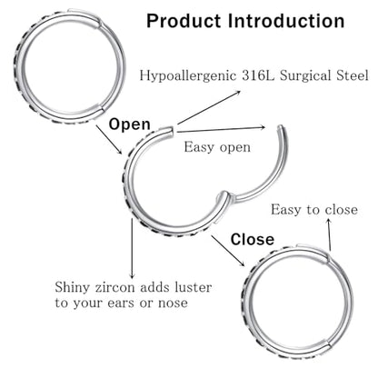 ORANGELOVE 20G 18G 16G Clear CZ Nose Ring Hoop 316L Surgical Steel Seamless Silver Septum Ring Clicker Jewelry Cartilage Earring Ear Piercing Hoop Earrings for Women Men Helix Rook Lobe Conch Tragus Daith Lip Hinged Piercing Jewelry with Cubic Zirconia -