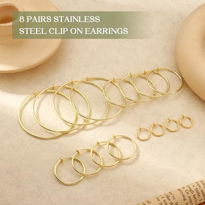 Magitaco 8 Pairs Clip On Hoop Earrings Stainless Steel Clip On Earrings for Women Fake Hoop Earring Spring Hoop Earring For Non-Pierced Ears - color: A:Gold Tone