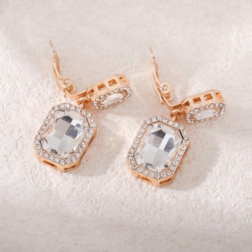 YINLI Austrian Crystal Square Shape Dangle Drop Clip on Earrings for Women - color: White,Gold
