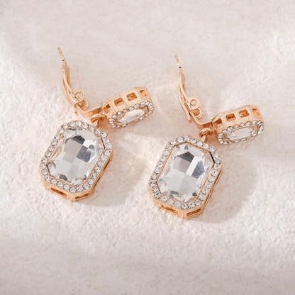 YINLI Austrian Crystal Square Shape Dangle Drop Clip on Earrings for Women - color: White,Gold