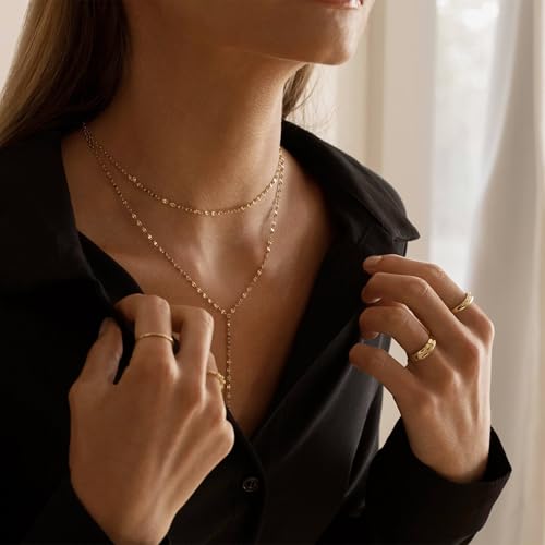 Lariat Gold Necklace for Women Dainty Long 14K Gold Plated Y-Shaped Body Chain Choker Necklace Trendy Non Tarnish Pendant Simple Layered Necklaces Gold Jewelry for Women Set Gift - color: Double Lip Chain