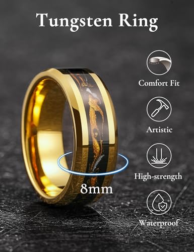 King Will Mens Galaxy Tungsten Wedding Band | 6mm/8mm, Beveled Edge, Comfort Fit, Durable, Sandstone Opal Inlay Polished, Everyday Wear - color: Black&Gold&White