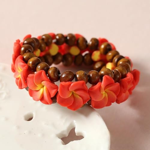 Pingyongchang Boho Hawaiian Plumeria Rubra Bracelets for Women Handmade Colorful Tropical Flower Wooden Beads Stretch Bracelet Summer Beach Holiday Jewelry Gifts - color: Red