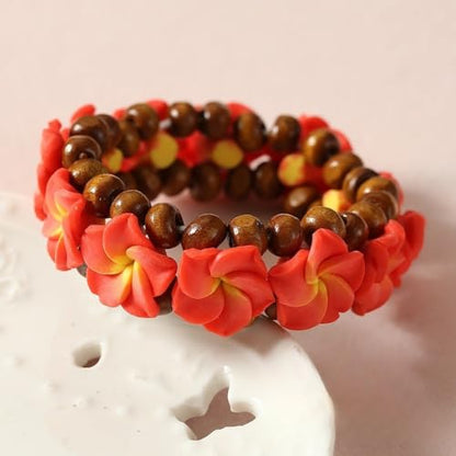 Pingyongchang Boho Hawaiian Plumeria Rubra Bracelets for Women Handmade Colorful Tropical Flower Wooden Beads Stretch Bracelet Summer Beach Holiday Jewelry Gifts - color: Red