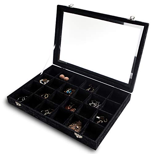 Frebeauty 24 Grid Jewelry Tray with Clear Lid, Velvet Earring Organizer | Drawer Jewelry Organizer for Rings Studs Brooch,Adjustable Divider,Dustproof Design,Earring Storage,Trinket Box,13.8×9.5Inch - color: Black, size: 24 Slots