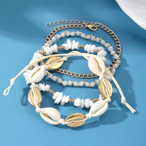 Qceasiy Shell Ankle Bracelets for Women, Boho Beaded Beach Anklet Set | Seashell, Heart, Starfish and Conch Styles, Gold-Tone, Stretch or Adjustable Fit, Layered Beach Vacation Jewelry Gifts - color: Gold 2