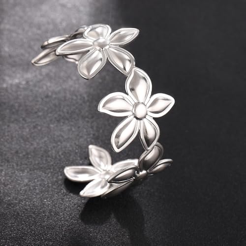 YWMAN Silver Flower Cuff Bracelet, Metallic Floral Chunky Bracelet for Women - color: Flower 2