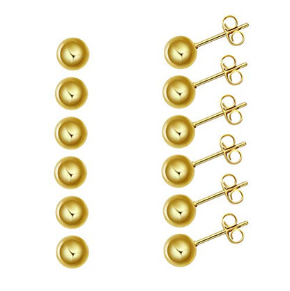 FOSIR 6 Pair Tiny Women 14K Gold Plated Ball Stud Earrings Surgical Stainless Steel Earrings Set, 2-6MM - style: 6 pair diameter,6mm