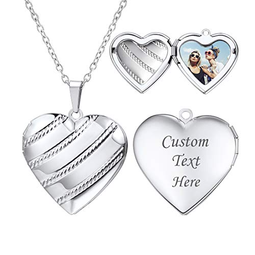 U7 Women Locket Necklace, Heart Photo Lockets Hold Picture, Gift Box Packed | Gold/Silver/Rose Locket Charm, Custom Picture and Engravement Heart Pendant, 20" Chain, Personalized Gift for Mom Wife Friend - color: 05# Platinum Stripe