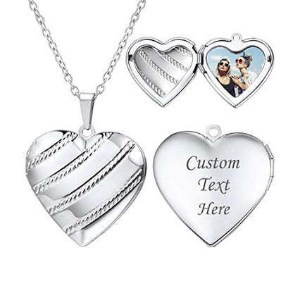 U7 Women Locket Necklace, Heart Photo Lockets Hold Picture, Gift Box Packed | Gold/Silver/Rose Locket Charm, Custom Picture and Engravement Heart Pendant, 20" Chain, Personalized Gift for Mom Wife Friend - color: 05# Platinum Stripe