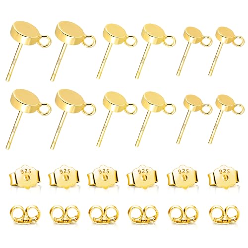 12Pcs Gold Earrings Making Supplies Flat Studs Post with Loop Ear Backs | Hypoallergenic 3/4/5mm Ball/Flat Stud Post Replace Butterfly Ear Backs for Dangle Charm Pendant Earring Jewelry Making Set - color: Flat_Gold