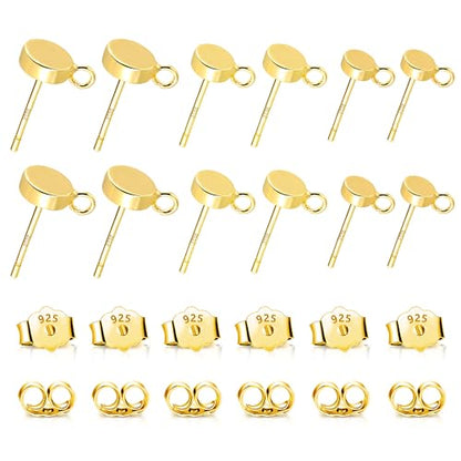 12Pcs Gold Earrings Making Supplies Flat Studs Post with Loop Ear Backs | Hypoallergenic 3/4/5mm Ball/Flat Stud Post Replace Butterfly Ear Backs for Dangle Charm Pendant Earring Jewelry Making Set - color: Flat_Gold