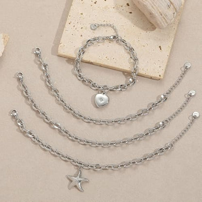 10 PCS Bracelets for Women Stainless Steel Chain Link Bracelet Set | 6.7 Inches with Extender, Jewelry Gifts for DIY, Chains Bulk, Oval, Curb, Figaro Chains, 18K Gold Plated, Silver, Chunky - color: Lip Silver