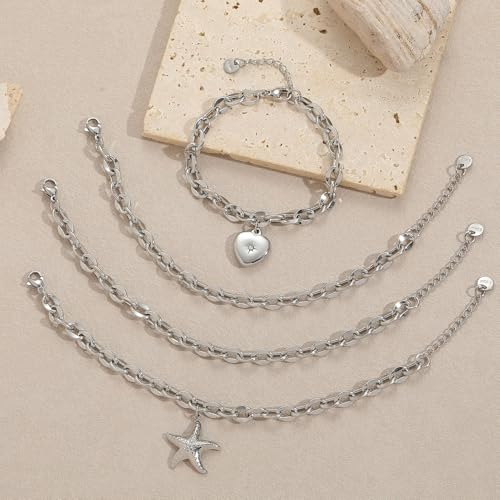 10 PCS Bracelets for Women Stainless Steel Chain Link Bracelet Set | 6.7 Inches with Extender, Jewelry Gifts for DIY, Chains Bulk, Oval, Curb, Figaro Chains, 18K Gold Plated, Silver, Chunky - color: Lip Silver